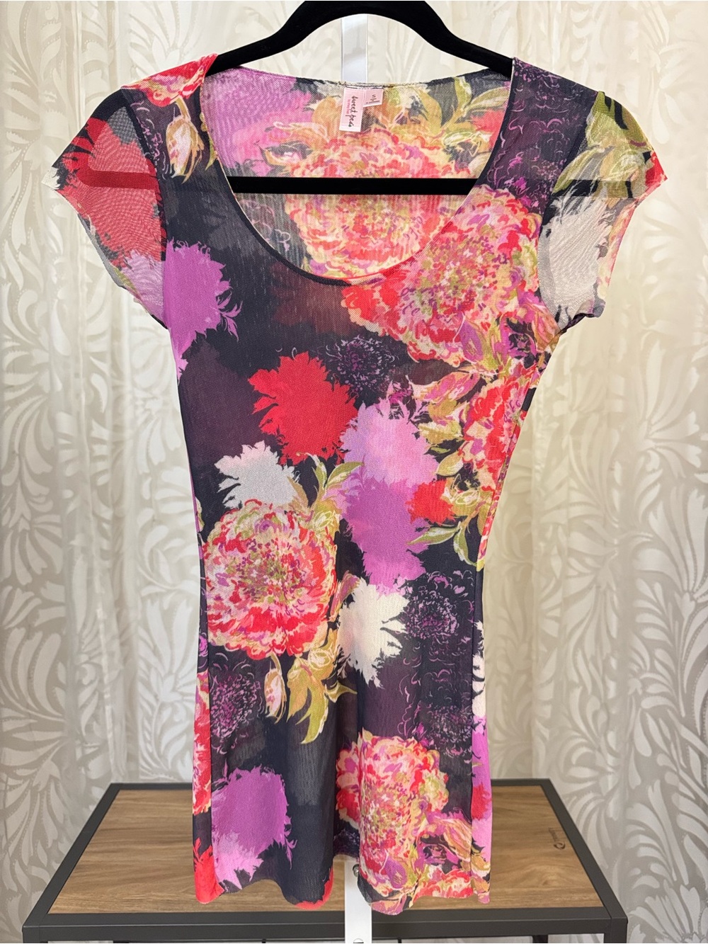 Sweet Pea by Stacy Frati Floral Scoop Neck Sheer Top - Pink, Red, Purple